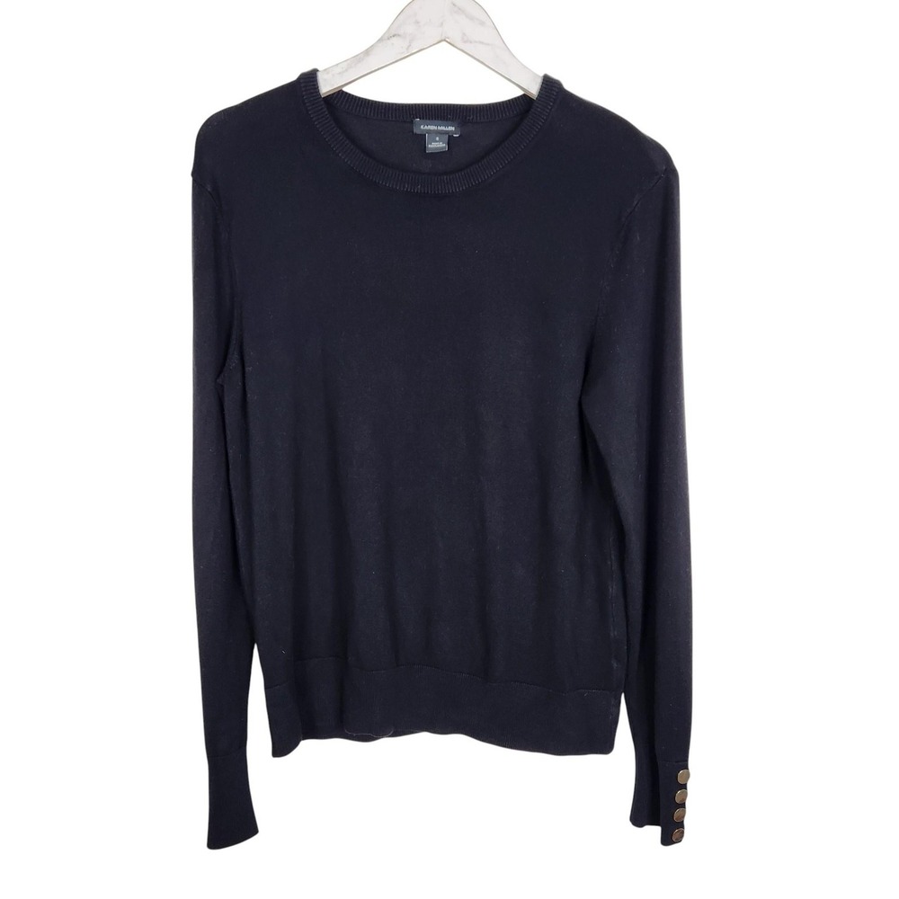 KAREN MILLEN Sweater Womens Small Black Button Cuff Crewneck Knit Pullover